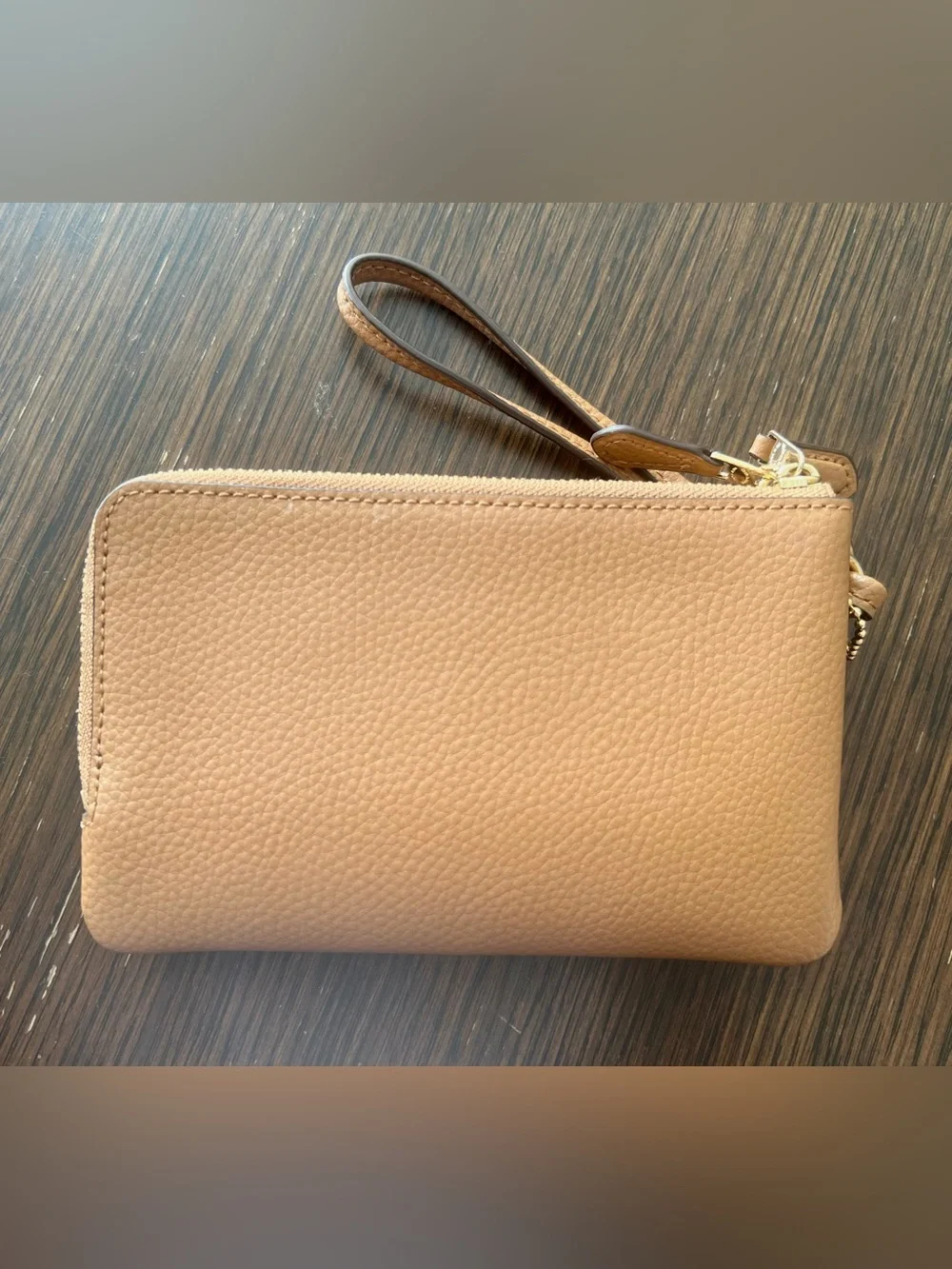 Coach F87590 Pebble Leather Double Zip Wristlet Wallet Camel EUC